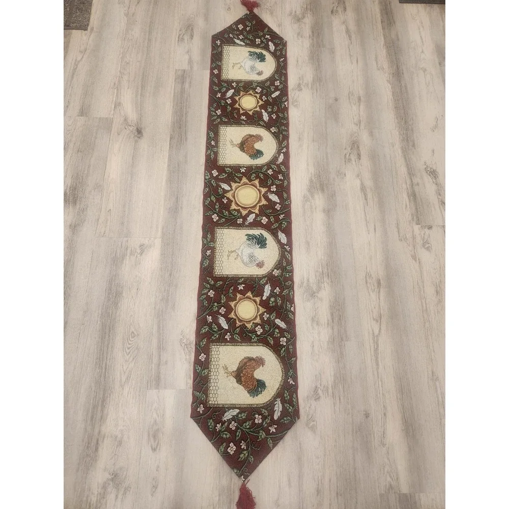 Vintage Rooster Farmhouse Cottagecore Tapestry Table Runner Red & Cream 69x12